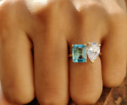 Toi Et Moi Gold Ring / Pear & Aquamarine Emerald Ring / Two Stone Ring / 2 Stone Aquamarine Engagement Ring / Women Wedding Ring