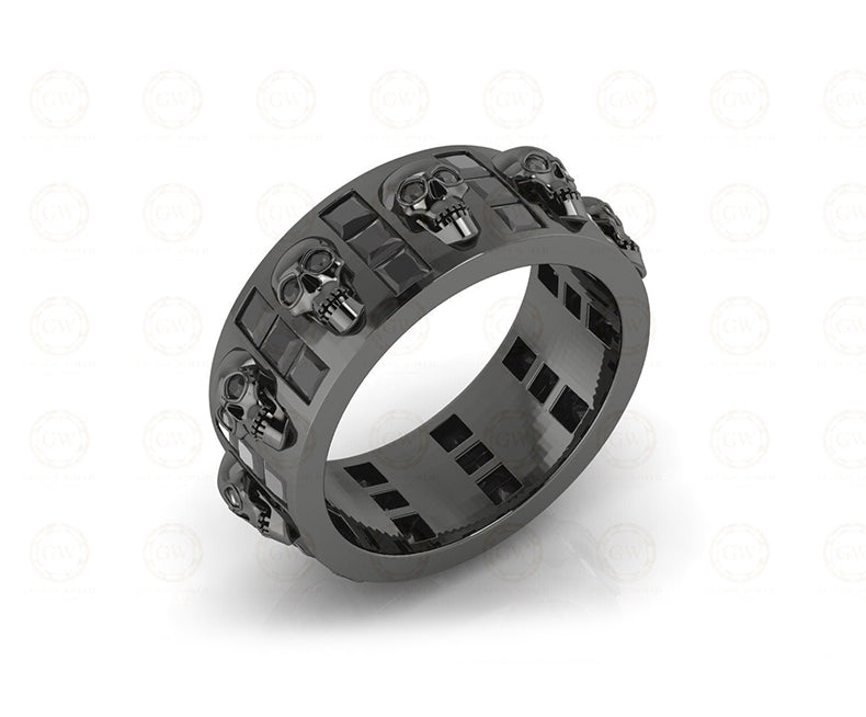 8 mm Wide Unique Gothic Skull Wedding Band, Full Eternity Ring, Simulated Diamond, Sterling silver, Anniversary Ring, Band for Mens & Women