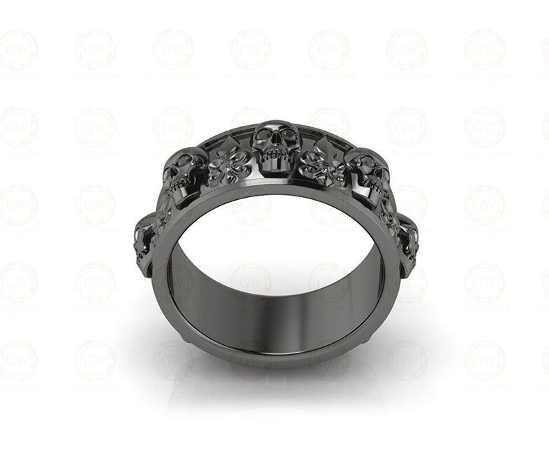 8 mm Wide Unique Gothic Skull Wedding Band, heraldic lily, Biker Ring, Simulated Diamond, Sterling silver, Anniversary Ring, Eternity Band