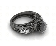 2 Ct Unique Gothic Skull Round Floral Vintage Engagement Ring, Black Man Made Diamond, Sterling silver, Nature Inspired Wedding Women Ring