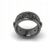 10 mm Wide Nature Inspired Unique Gothic Skull Wedding Band, Simulated Diamond, Sterling silver, Anniversary Ring, Floral Eternity Band