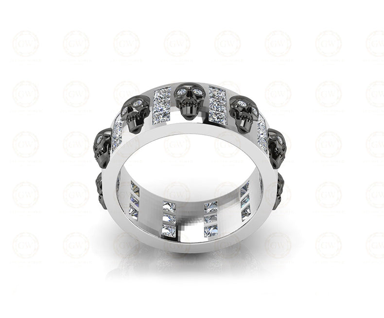 8 mm Wide Unique Gothic Skull Wedding Band, Full Eternity Ring, Simulated Diamond, Sterling silver, Anniversary Ring, Band for Mens & Women