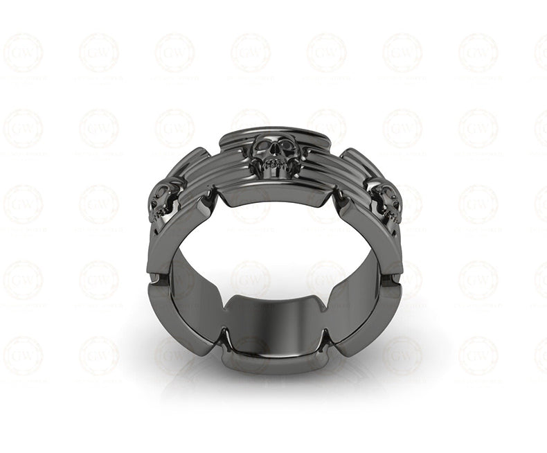 8 mm Wide Unique Gothic Skull Modern Wedding Band, Simulated Diamond, Black Sterling silver, Anniversary Ring, Eternity Band for Men & Women