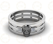 6.50 mm Wide Unique Gothic Skull Bridal Wedding Band, Anniversary Ring, Modern Design, Black Princess CZ Diamond, Promise Band Man Women