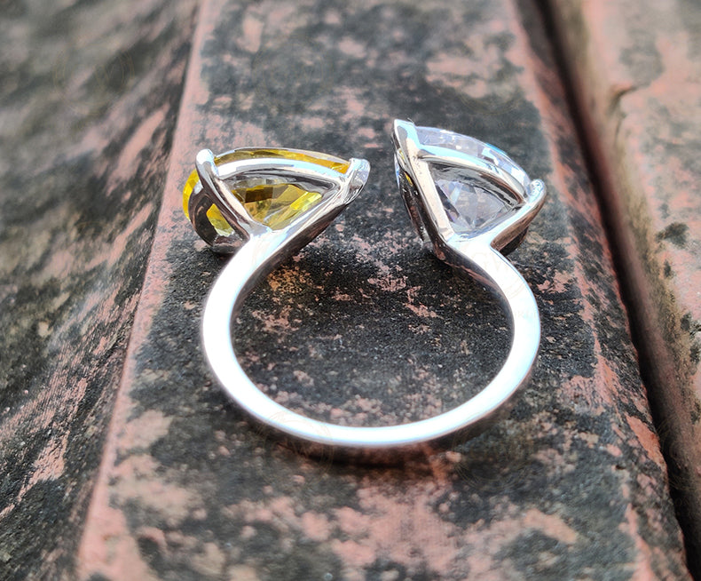 Toi Et Moi Ring, 2 Pear Engagement Ring, Sterling Silver Wedding Ring, White & Yellow Pear Ring, Teardrop Anniversary Women ring