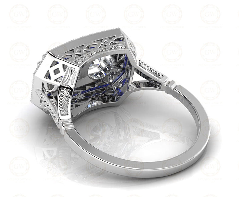 Toi et Moi Art Deco Halo Engagement Ring / CZ Blue Sapphire Baguette Estate Ring