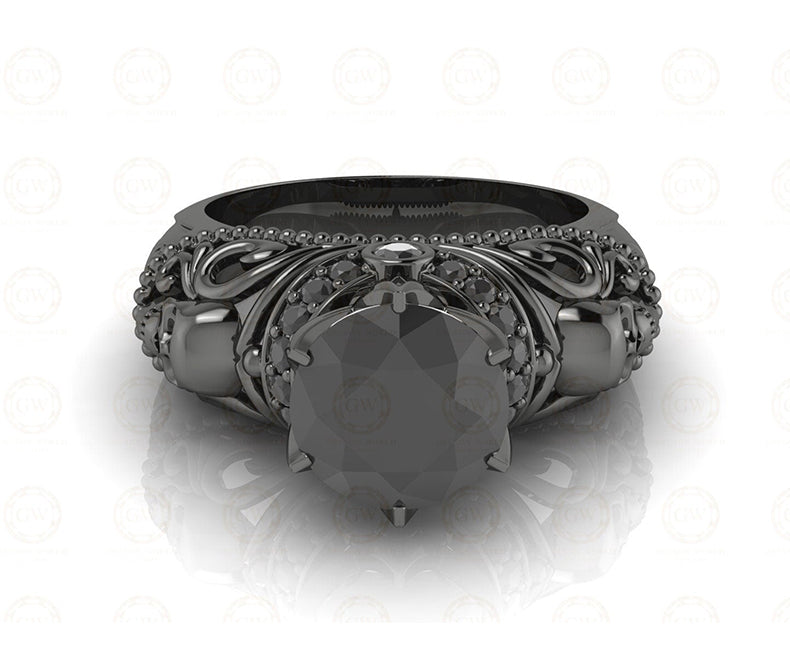 1.90 Ct Gothic Skull Round Floral Vintage Engagement Ring, CZ Man Made Diamond, Sterling silver, Nature Inspired Women Wedding Ring