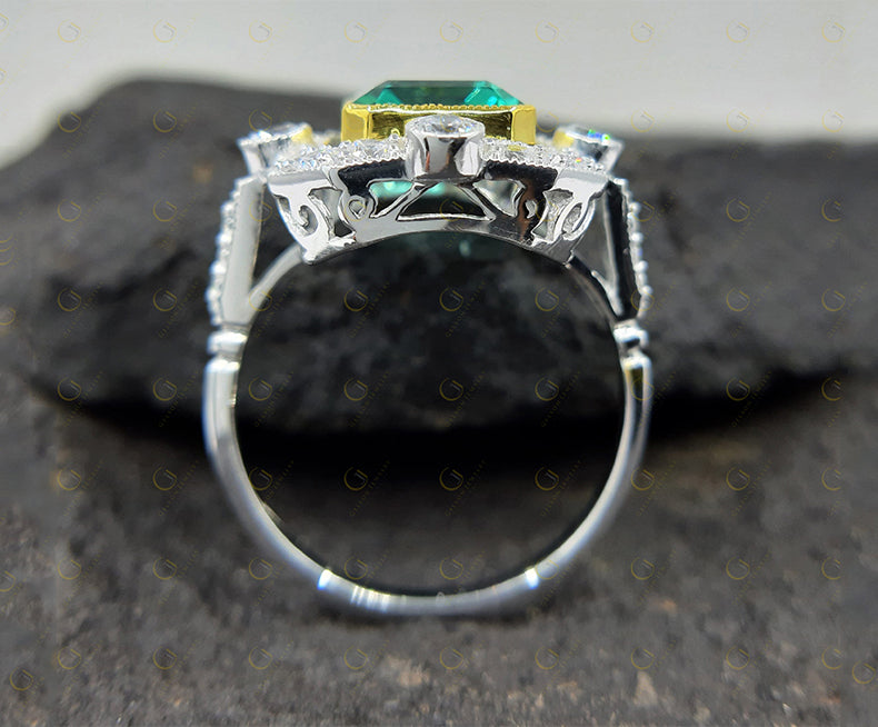 Ocean Green Asscher cut Vintage Engagement ring, art deco style Wedding ring, Antique Two Tone statement ring In Sterling Silver