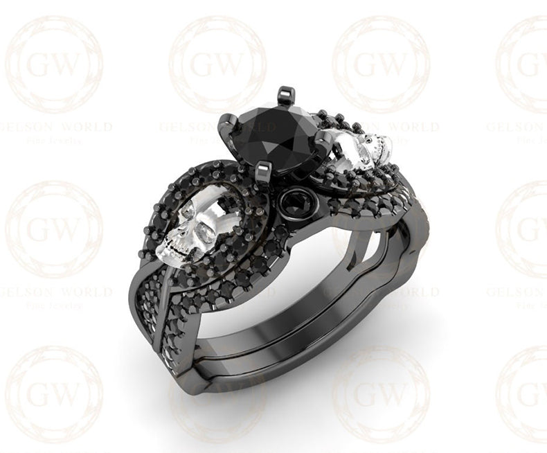 Gothic Skull Engagement Ring Set, 1.15 Ct Round Cut Black CZ Diamond, Wedding Bridal Set, Black Face Skull Ring For Women, Stacking Band