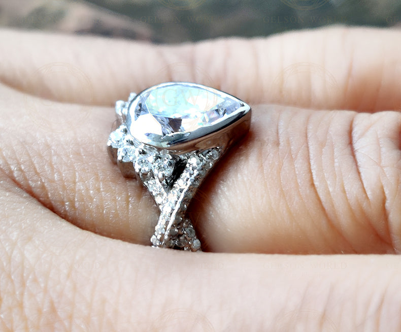 14K White Gold Pear Shaped Moissanite Engagement Ring, Bezel Set 2 Carat Pear Cut Art Deco Ring, Crossover Twisted Shank Ring For Women