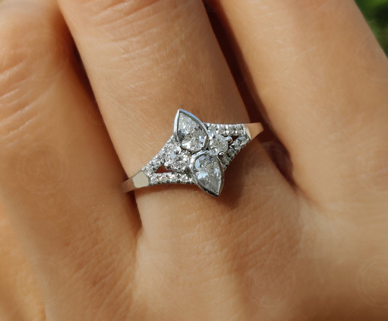 Double Pear Shaped Moissanite Ring, Unique Teardrop Engagement Ring, Split Shank Ring, Promise Rings For Women, Inspired By Tear Of Two Eye