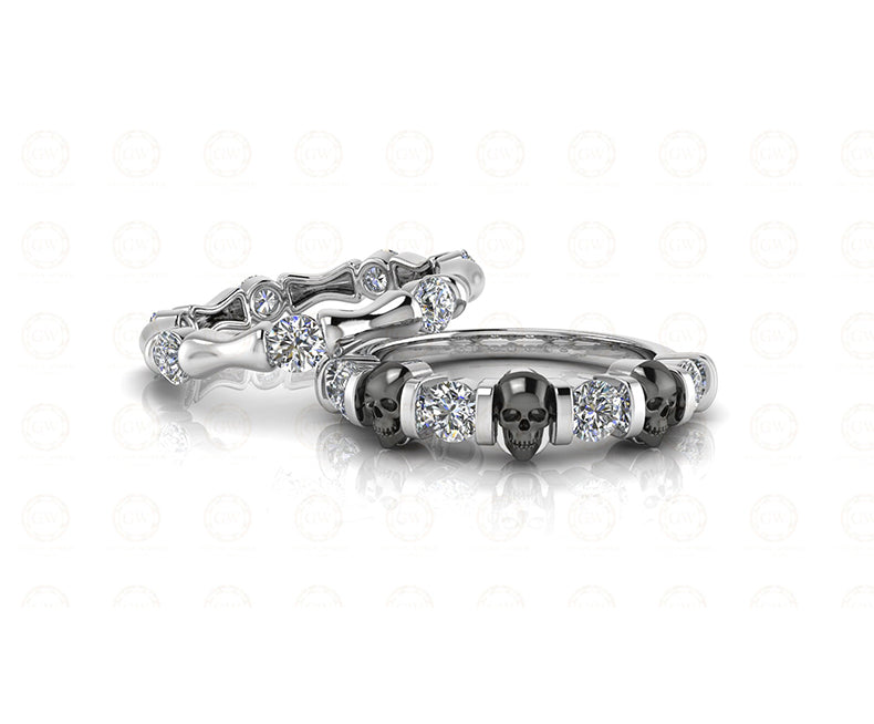 1.65 Ct Unique Gothic Bone Skull Bridal CZ Engagement Wedding Ring Set, Man Made Diamond, Sterling silver, Matching Band, Bridal Jewelry