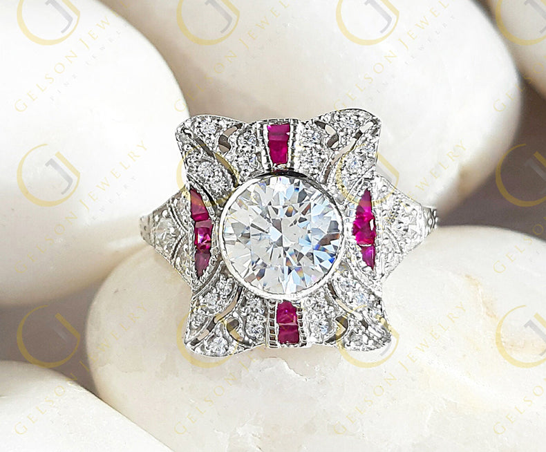 Edwardian Style Dinner Ring vintage reproduction 2.15 Ct Round Cut Near White Moissanite & Baguette Ruby ring antique vintage Style Ring