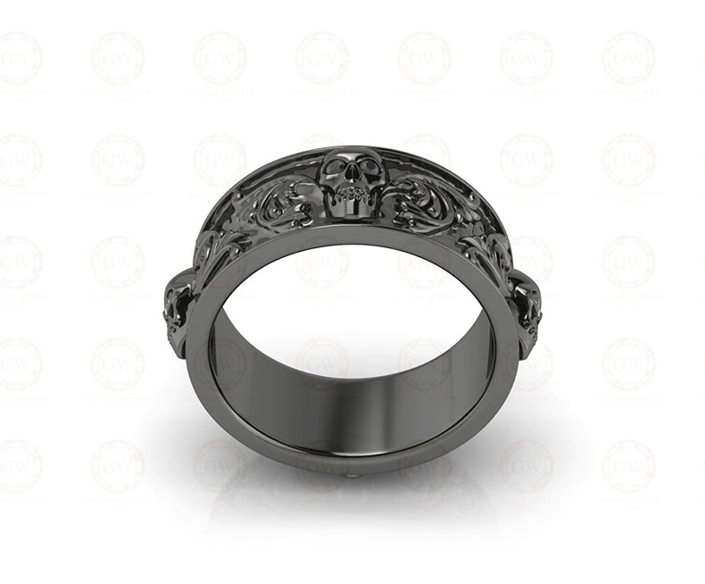 8 mm Wide Nature Inspired Unique Gothic Skull Wedding Band, Simulated Diamond, Sterling silver, Anniversary Ring, Floral Eternity Band