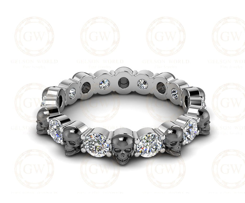 1.50 Tcw Skull Wedding Ring Band, Promise Ring, Eternity Gothic Band, Round Cut CZ Diamond alternate skull Black Sterling Silver Women Ring