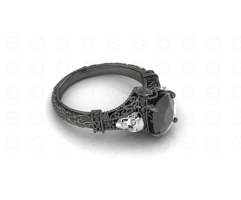 2.30 Ct Unique Black Skull Cushion Cut Floral Vintage Bridal Engagement Ring, Sterling Silver, Women Gothic Ring, Floral Nature Inspired