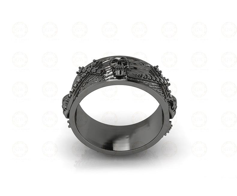 8 mm Wide Unique Cross Men's Gothic Skull Wedding Band, Punk Style Biker Ring, Black CZ Sterling silver, Anniversary Ring, Eternity Band