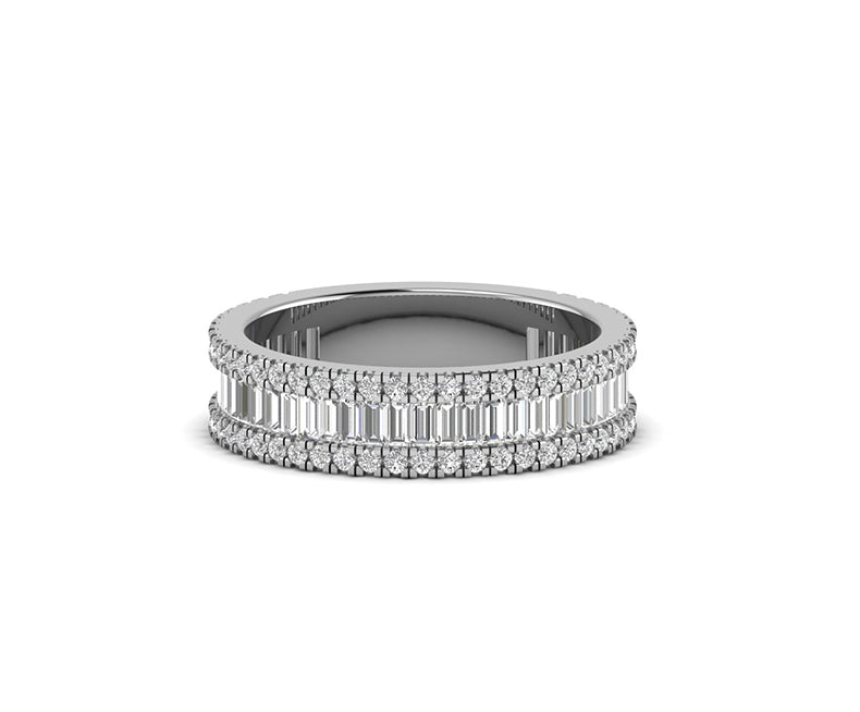 Moissanite Baguette and Round Wedding Bands for Women: Channel Set Anniversary Rings with 3 Rows for Bridal Matching
