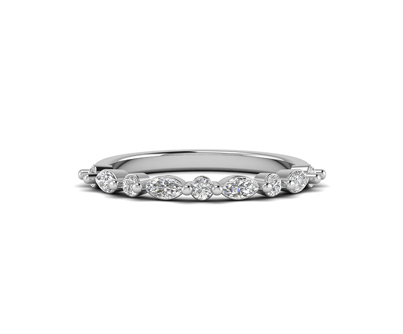 Alternating Round And Marquise Moissanite Wedding Bands Women, Floating Bubble Band, Shared Single Prong Band, Half Eternity Stacking Ring