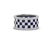 9 mm Wide Full Eternity Wedding Band, 5.20 Ct Round and Princess White & Blue Sapphire Promise Ring, Chess Pattern Stackable band ring