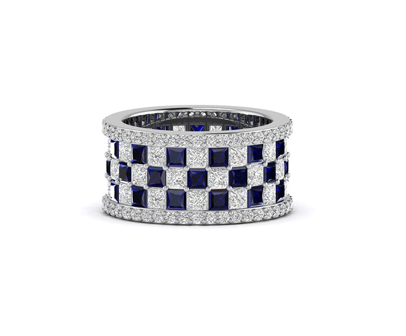 9 mm Wide Full Eternity Wedding Band, 5.20 Ct Round and Princess White & Blue Sapphire Promise Ring, Chess Pattern Stackable band ring