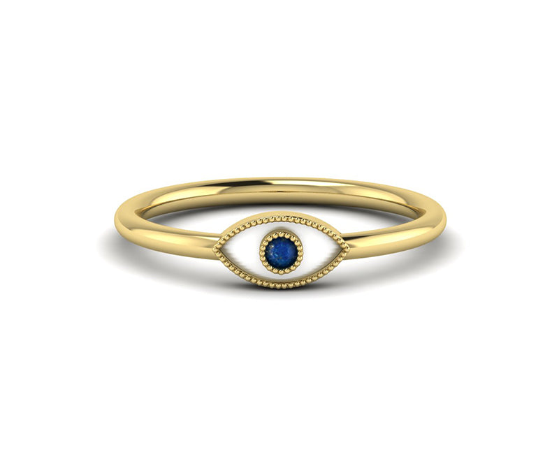 Dainty Evil Eye Stacking Ring - Gold Minimalist Ring - Natural Blue Sapphire - Minimal Birthstone Ring - Personalized Jewelry - White Enamel