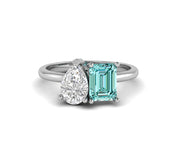 Toi Et Moi Gold Ring / Pear & Aquamarine Emerald Ring / Two Stone Ring /  2 Stone Aquamarine Engagement Ring / Women Wedding Ring