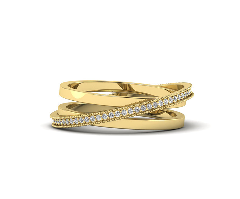 3 Strand Moissanite Crossover Ring - Silver and Gold Eternity Round Brilliant Cut Moissanite Wedding Band - 3 Row Stacking Ring