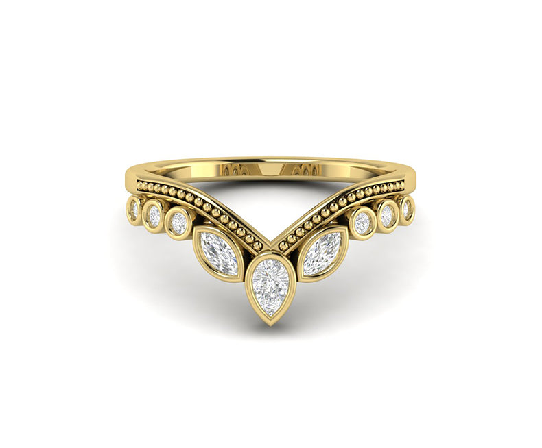 Elegant Royal Vintage Chevron Band - V Shape Chevron Wedding Ring with Silver and Yellow Gold Moissanite - Perfect Dainty Promise Ring or Anniversary Gift Ring
