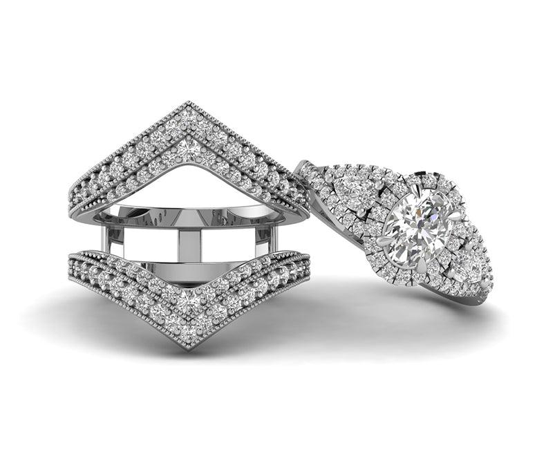 Moissanite Vintage Bridal Ring Set, Ring Jacket and Oval 3 Stone Halo Engagement Ring, Art Deco Wedding Ring Enhancer Set, wrap guard band