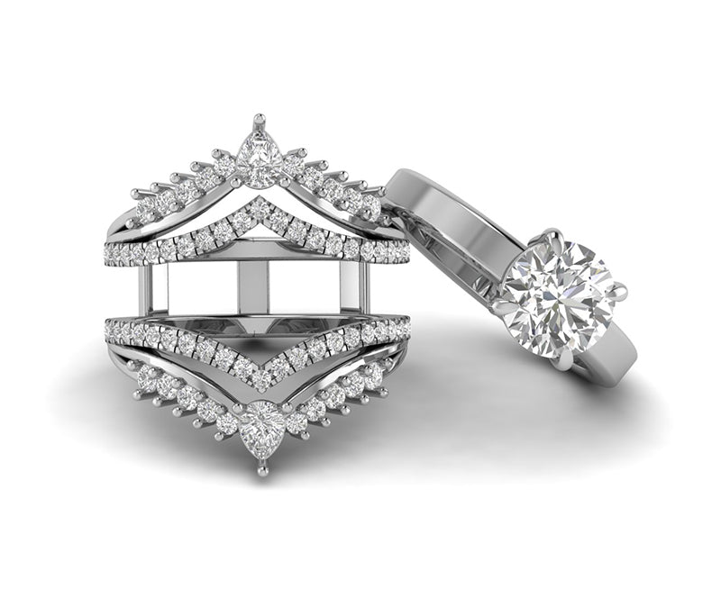 Moissanite Bridal Set, Ring Jacket and Engagement Ring, Double Chevron Ring, V-Shaped Wedding Ring Enhancer Set, wrap guard band