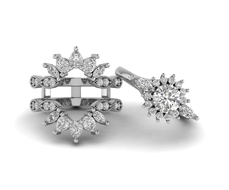 Starburst Engagement Enhancer Guard Ring, Round Marquise & Pear Moissanite Vintage Bridal Ring Set, Women Enhancer Wrap Wedding Ring