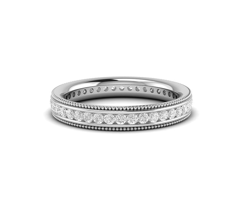 Timeless Glamour: Silver and Gold Vintage Wedding Ring Band – Experience the Perpetual Beauty of a Full Eternity Stackable Ring, Adorned with Colorless Moissanite Stones in a Channel Set, the Ideal Matching Band for Her