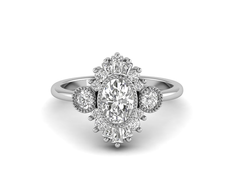Oval Moissanite Starburst Halo Engagement Ring
