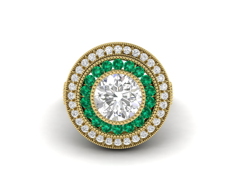 Art deco emerald engagement rings, Double halo Style, Lab Created Simulated Diamond, 925 Sterling Silver
