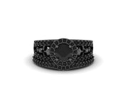 Gothic Skull Bridal Wedding Ring Sets, Two Skull Halo Engagement Ring, Simulated Diamond, Black Rhodium Plated, Matching Band, 925 Silver