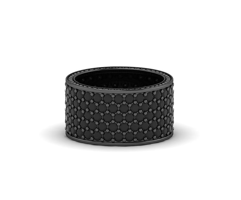 20 Ct Round Black Moissanite Diamond Mens Wedding Band, 14.50 MM Wide Pave Anniversary Wedding Ring, Full Eternity Five Row Ring For Him
