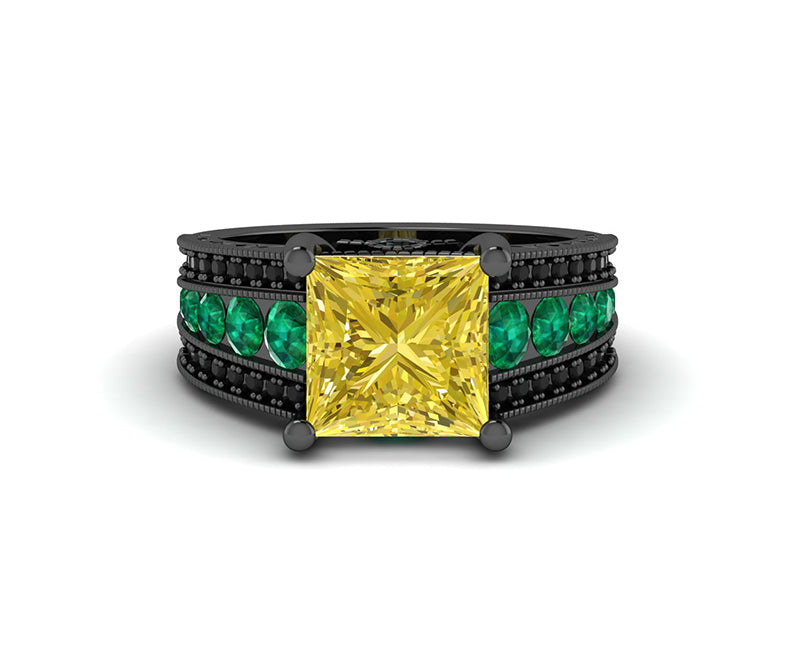 Vintage Engagement Ring, Fancy Canary Yellow Princess,  Cocktail Large Stone Black Sterling Silver Ring, Wedding Ring, Rings for Women