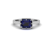 East West Emerald Cut Engagement Ring, Blue Emerald Cut Moissanite Solitaire Ring, Sideways Promise Ring For Her, Mom Birthstone Ring