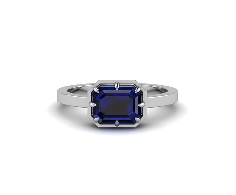 East West Emerald Cut Engagement Ring, Blue Emerald Cut Moissanite Solitaire Ring, Sideways Promise Ring For Her, Mom Birthstone Ring