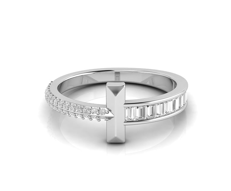 Sideways Cross Ring - T Cross Stacking Ring - Silver and Solid Gold Fashion Ring - Dainty Baguette Moissanite Cross Ring for Women