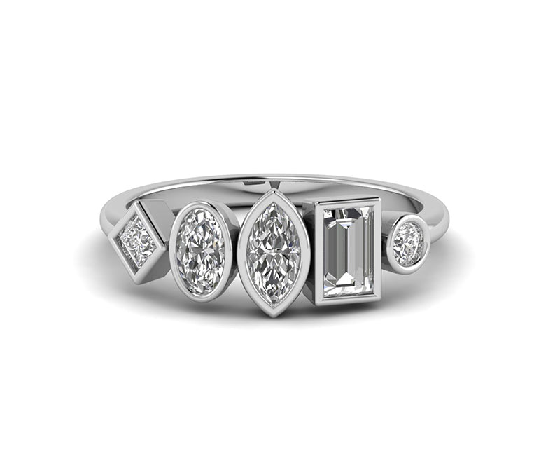 Multi Diamond Ring - Elegant Bubble Style Bezel Set Moissanite Silver and Gold Wedding Ring. Five Stone Cluster Ring, Ideal for Anniversaries and Women.