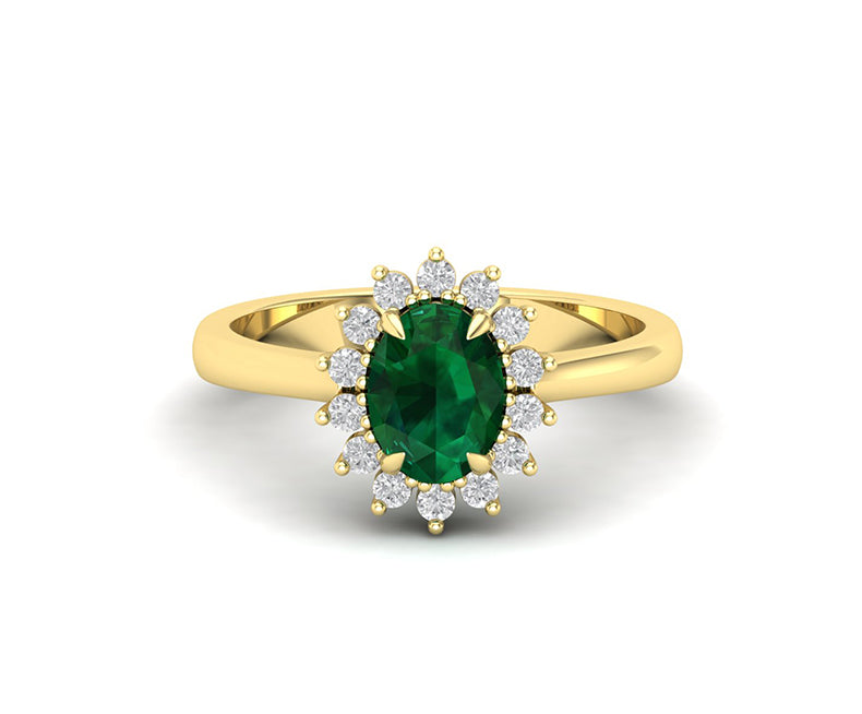 Emerald Halo Engagement Ring, Green Gemstone Rings For Women, May Birthstone Ring, Oval Emerald Halo Ring Gold Anniversary Ring Promise Ring