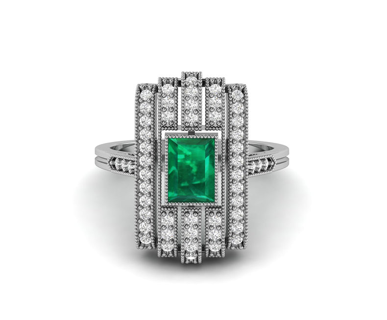 Edwardian Emerald Ring, May Birthstone Engagement Ring, Art Deco Milgrain Ring, Vintage Estate Rings For Women, Unique Green Gemstone Ring