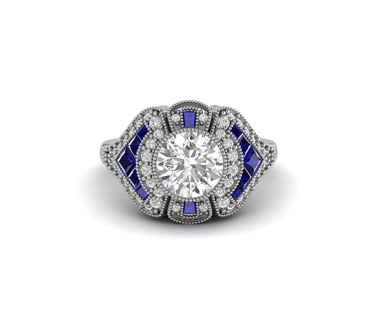 Estate Jewelry / Vintage Engagement Ring For Women / Blue Sapphire Art Deco ring / Round Moissanite Ring / Estate ring / 925 Sterling Silver