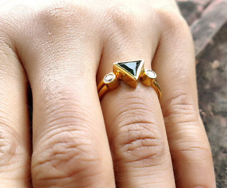 14K Gold Triangle Shape Emerald Minimalist engagement ring, Open End Design Matching Stacking Ring, Wedding Band, Dainty Diamond Ring