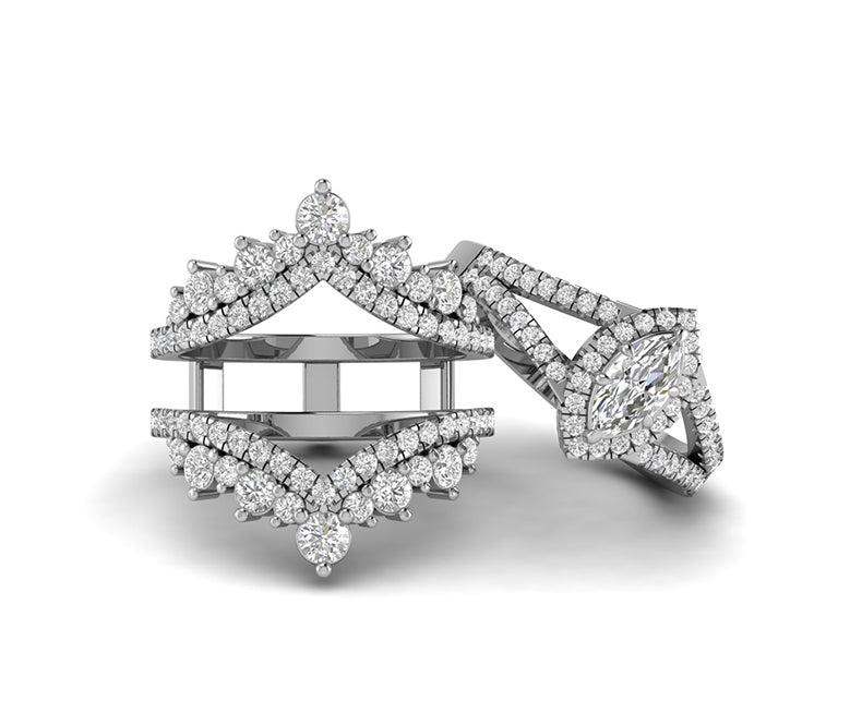 Art Deco Bridal Engagement Ring With Enhancer, Enhancer Wedding Ring Sets For Women, Moissanite Ring Guard Set Marquise Halo Ring Jacket Set