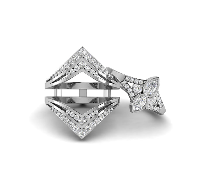 Double V Shaped Enhancer Wedding Ring Set, Unique Bridal Engagement Ring Jacket, Moissanite Ring Enhancers And Wraps, Large Womens Ring Set