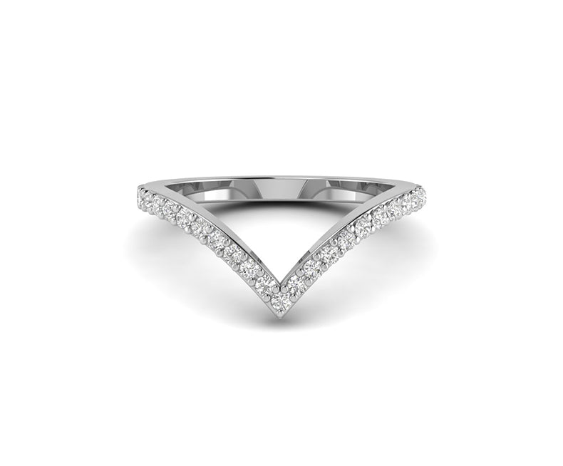 Curved Beauty: Silver and White Gold Delicate V-Shape Moissanite Wedding Band - Dainty Promise Ring with Round Colorless Stones