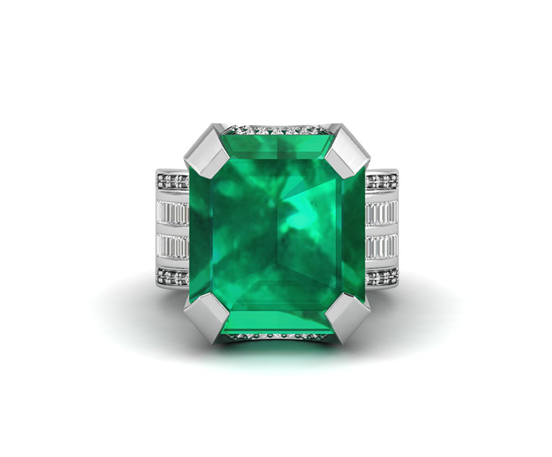 14 Ct Green Emerald Cut Cocktail Engagement Ring, Natural Looking Emerald Gemstone Art Deco Ring, Celebrity Inspired Ring